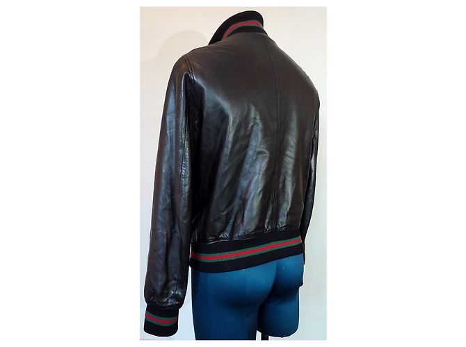 Gucci Bomber in Pelle Nero con Strisce Verdi e Rosse - vista 5