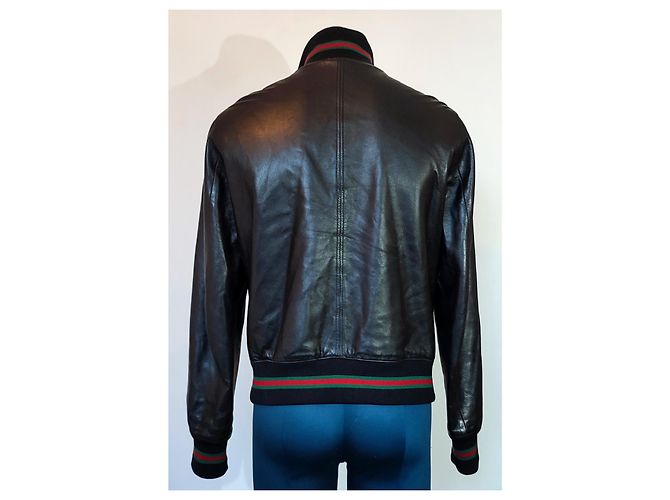 Gucci Bomber in Pelle Nero con Strisce Verdi e Rosse - vista 6