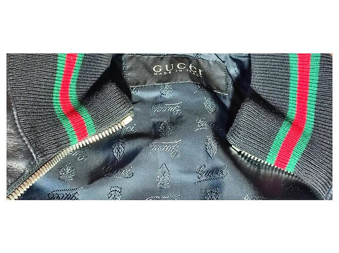 Gucci Bomber in Pelle Nero con Strisce Verdi e Rosse - vista 8