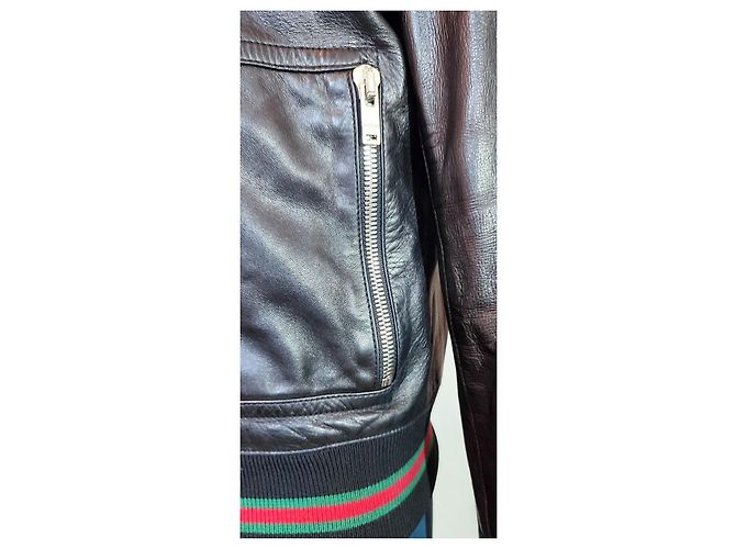 Gucci Bomber in Pelle Nero con Strisce Verdi e Rosse - vista 9