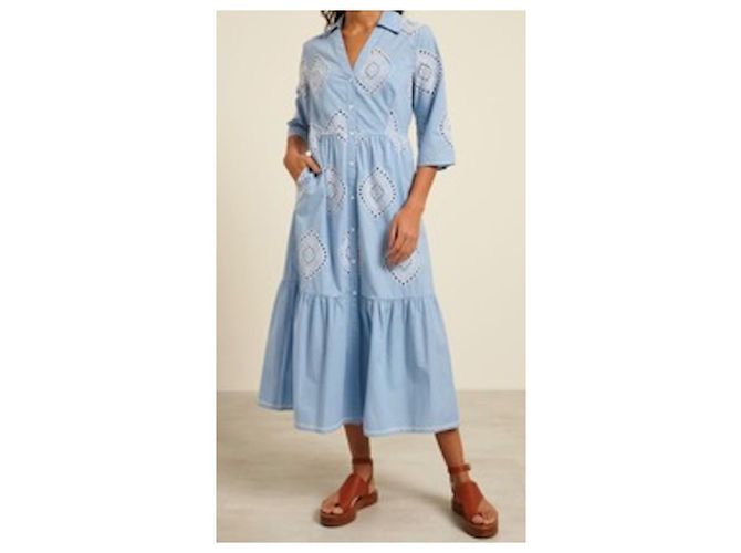 Max Mara Intrend Langes Ausgestelltes Hemdblusenkleid Hellblau Baumwolle - Ansicht 3