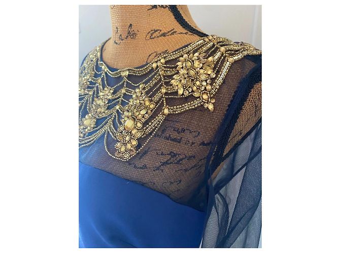 Marchesa Vestido de seda azul oscuro con bordado dorado - vista 3