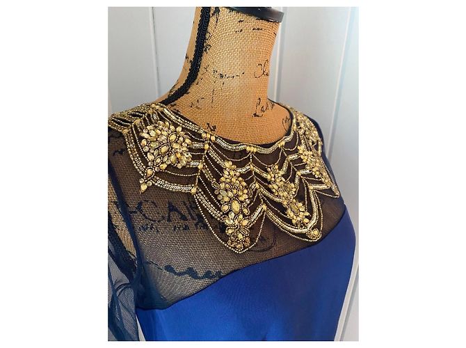 Marchesa Vestido de seda azul oscuro con bordado dorado - vista 4