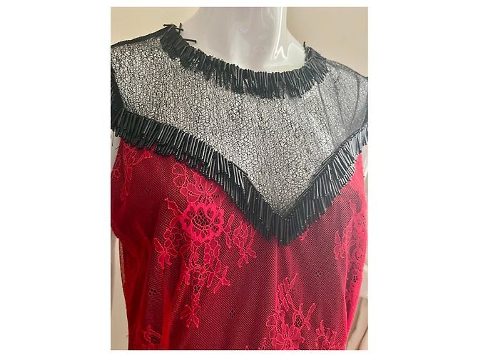 Diane Von Furstenberg DvF rotes und schwarzes Perlen-Spitzenkleid - Ansicht 3