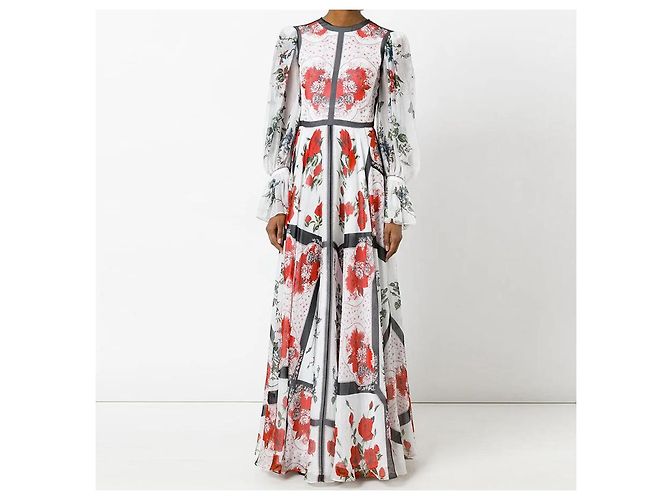 Alexander McQueen Blumen-Schmetterling Floaty Seiden-Chiffon Maxikleidrobe Schwarz Weiß Bordeaux - Ansicht 2