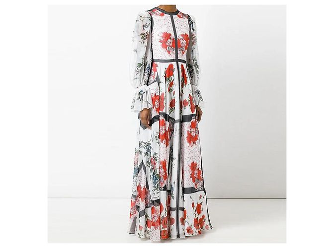 Alexander McQueen Blumen-Schmetterling Floaty Seiden-Chiffon Maxikleidrobe Schwarz Weiß Bordeaux - Ansicht 3