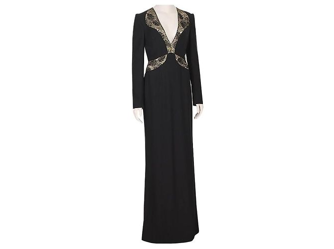 Alexander McQueen Schwarz Gold Spitzenbesetztes bodenlanges Abendkleid Golden - Ansicht 2