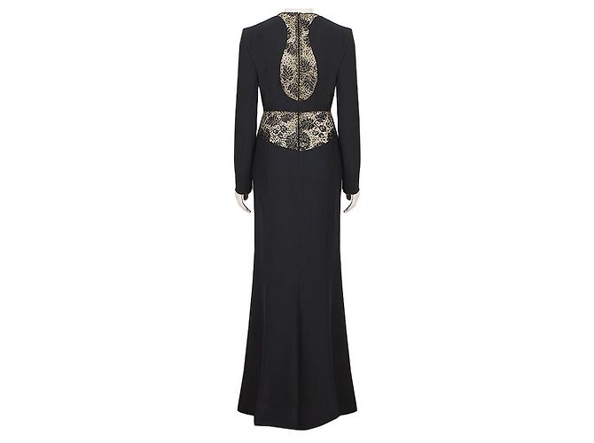Alexander McQueen Schwarz Gold Spitzenbesetztes bodenlanges Abendkleid Golden - Ansicht 3