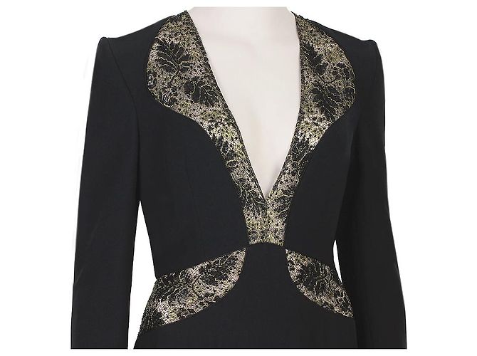 Alexander McQueen Schwarz Gold Spitzenbesetztes bodenlanges Abendkleid Golden - Ansicht 5