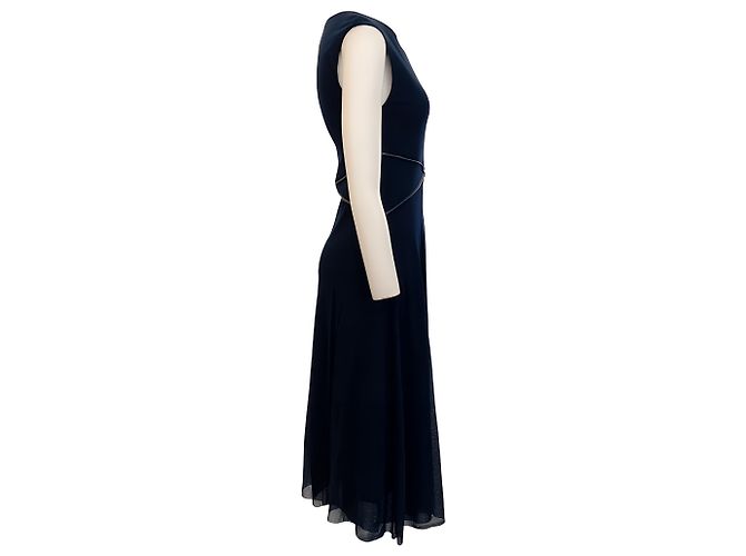 Fuzzi – Marineblaues ärmelloses Kleid mit schwarzem Lederbesatz - Ansicht 2