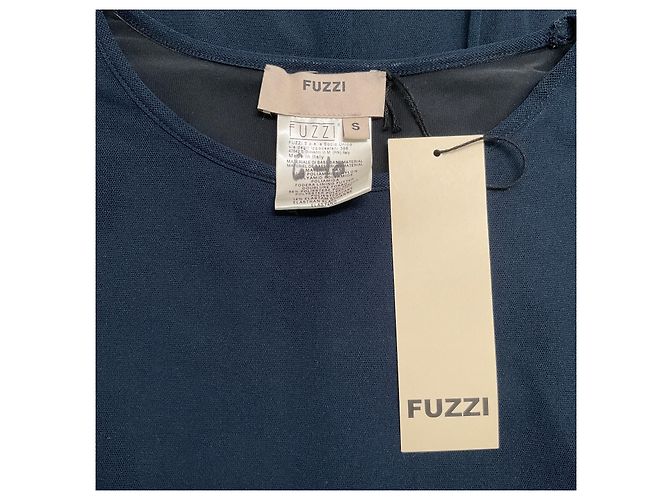Fuzzi – Marineblaues ärmelloses Kleid mit schwarzem Lederbesatz - Ansicht 4