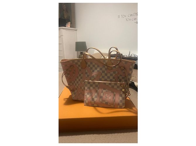 Louis Vuitton Neverfull Edizione Tahitiana Damier Azur Graffiti Rosa Bianco - vista 6