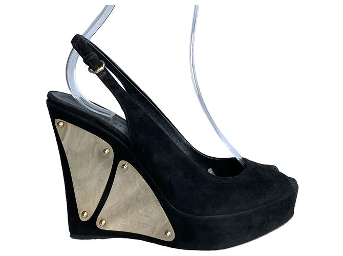 Sandali con zeppa Gucci in camoscio nero con plateau Silver hardware - vista 2