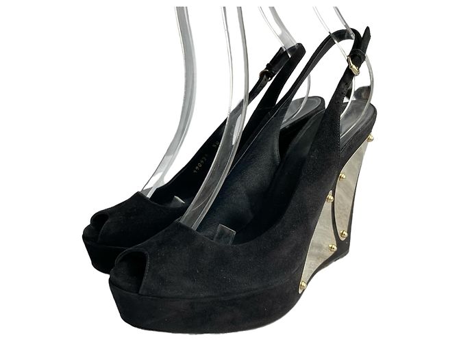 Sandali con zeppa Gucci in camoscio nero con plateau Silver hardware - vista 7
