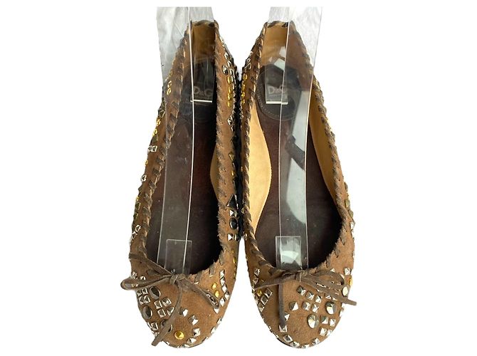 Bailarinas Dolce & Gabbana de ante marrón con tachuelas 37 Castaño Hardware de plata Gold hardware - vista 3