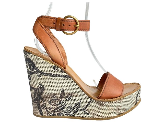 Sandali con zeppa Miu Miu in pelle marrone e tela con stampa floreale - vista 2