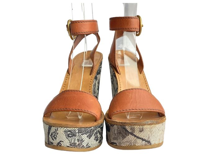 Sandali con zeppa Miu Miu in pelle marrone e tela con stampa floreale - vista 8