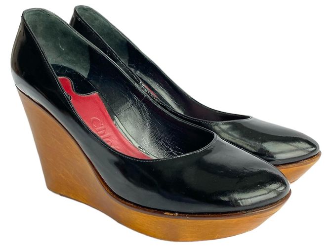 Décolleté con zeppa Chloé in pelle nera lucida e legno Nero - vista 2