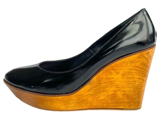 Décolleté con zeppa Chloé in pelle nera lucida e legno Nero - vista 3