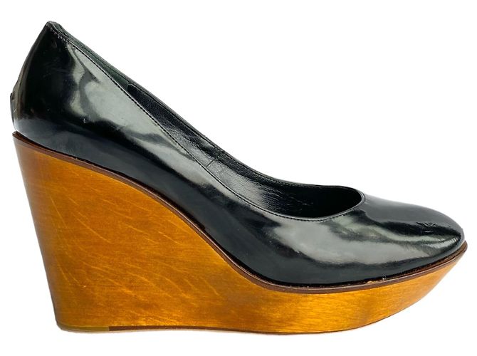 Décolleté con zeppa Chloé in pelle nera lucida e legno Nero - vista 4