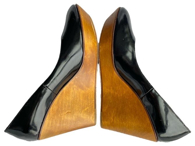 Décolleté con zeppa Chloé in pelle nera lucida e legno Nero - vista 5