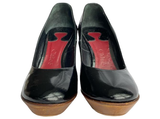 Décolleté con zeppa Chloé in pelle nera lucida e legno Nero - vista 6