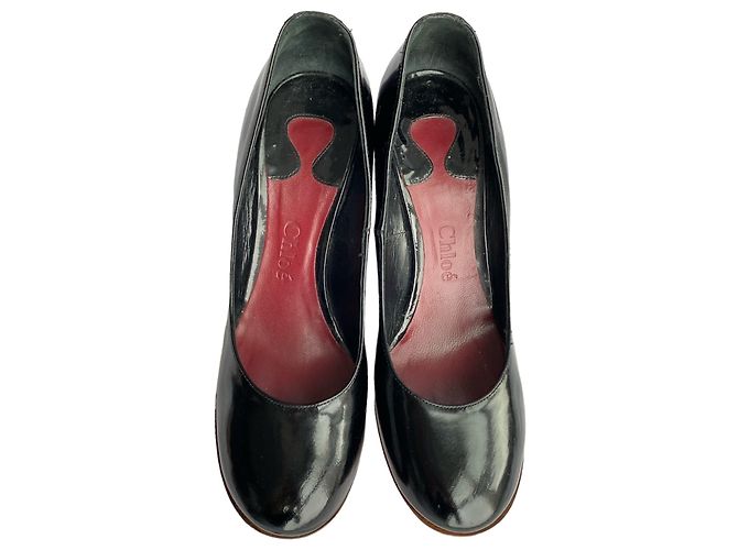 Décolleté con zeppa Chloé in pelle nera lucida e legno Nero - vista 7