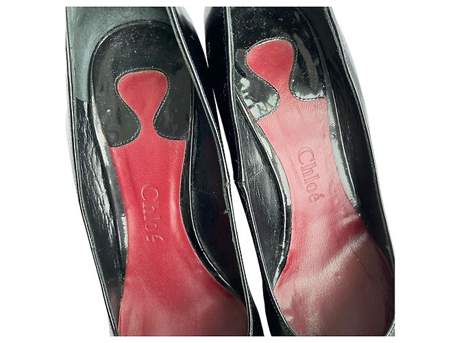 Décolleté con zeppa Chloé in pelle nera lucida e legno Nero - vista 8