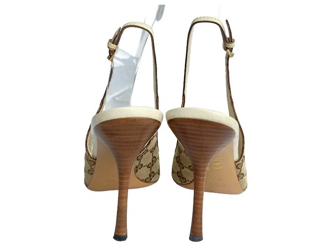 Sandali slingback Gucci Guccissima in tela beige con bambù Marrone - vista 8