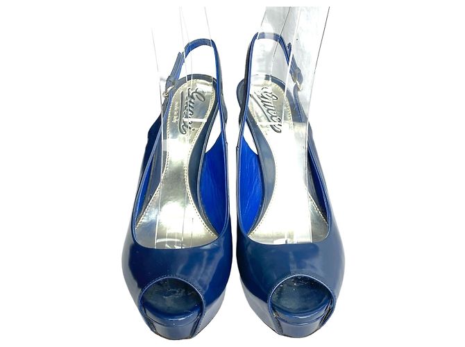 Décolleté con plateau Gucci Peep Toe Slingback in vernice blu navy - vista 6