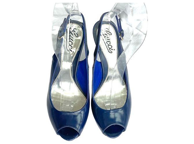 Décolleté con plateau Gucci Peep Toe Slingback in vernice blu navy - vista 7