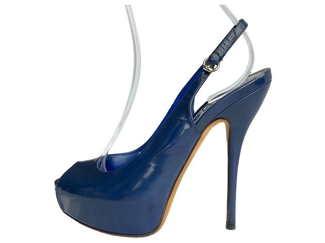 Décolleté con plateau Gucci Peep Toe Slingback in vernice blu navy - vista 9