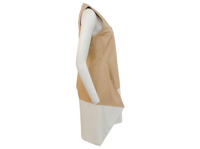 Reed Krakoff Elfenbeinfarbenes  / Hellbraunes ärmelloses Lederkleid - Ansicht 2