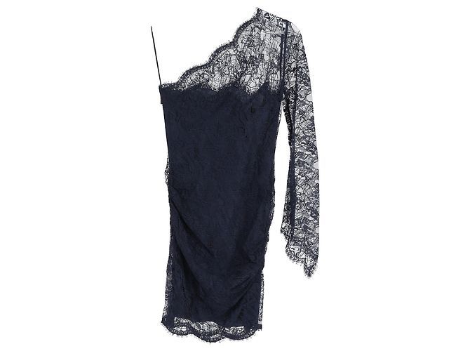 Emilio Pucci One Shoulder Lace Mini Dress in Navy Blue Polyester - view 2
