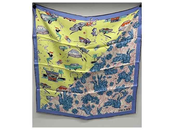 Sciarpa Prada Saloon Country in seta blu - vista 3