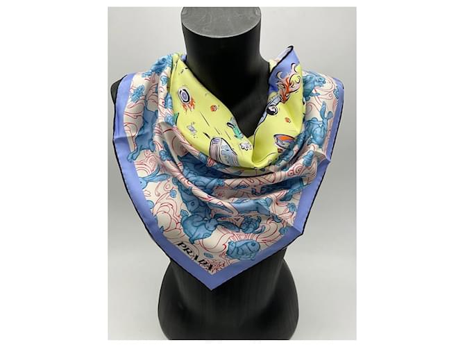 Sciarpa Prada Saloon Country in seta blu - vista 5