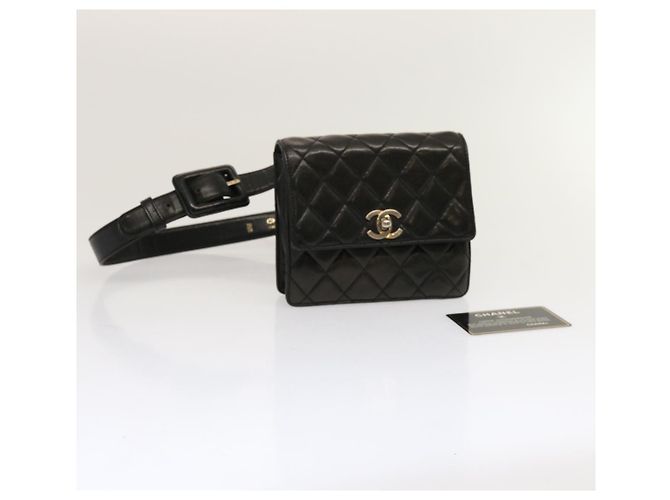 CHANEL Matelassé Turn Lock Gürteltasche Lammleder Schwarz CC Auth yk11590 - Ansicht 22