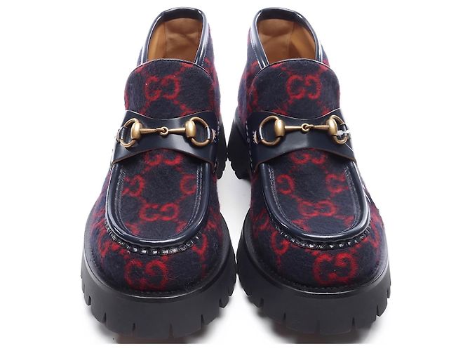 Stivaletti Gucci Horsebit in lana GG blu e pelle - vista 2