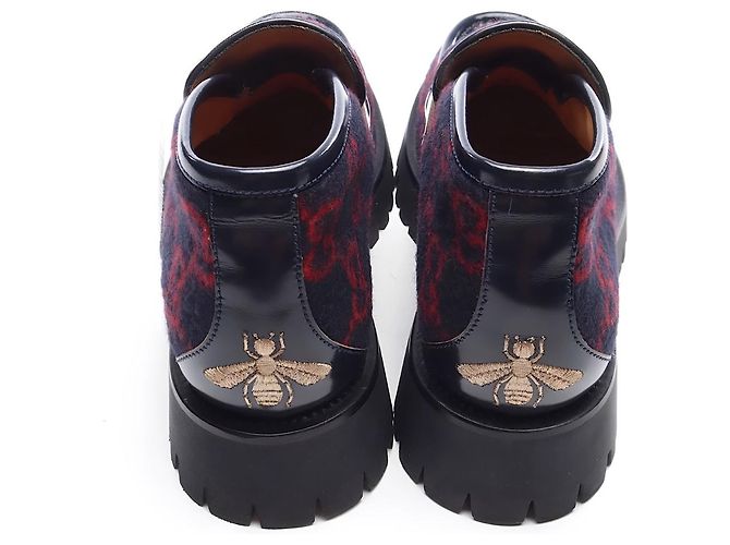 Stivaletti Gucci Horsebit in lana GG blu e pelle - vista 3