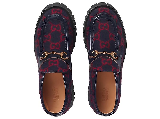 Stivaletti Gucci Horsebit in lana GG blu e pelle - vista 5