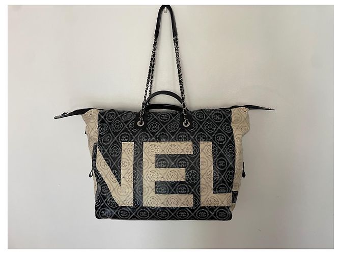 Chanel Deauville Maxi Handtasche Schwarz Monogramm Leder Stoff - Ansicht 6