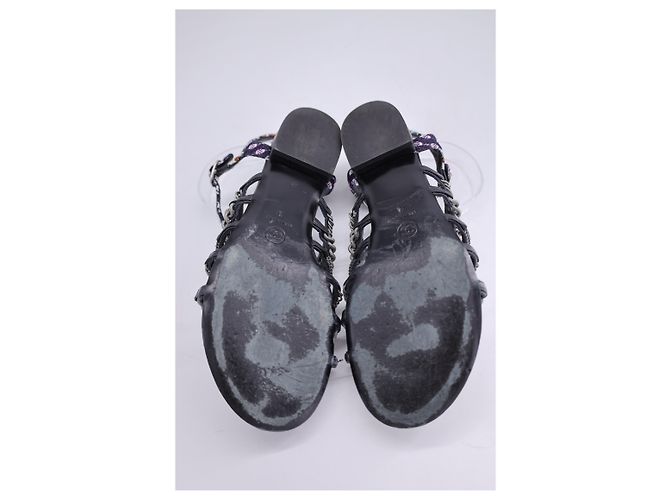 Timeless Chanel 2015 Sandali con maglie a catena in tweed in pelle nera Nero - vista 13