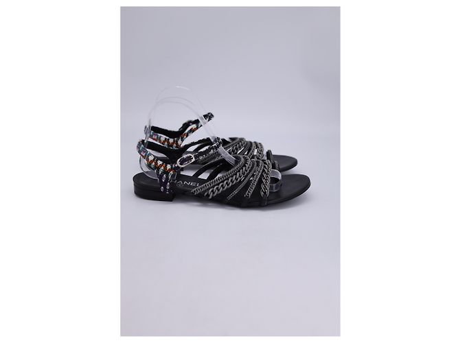 Timeless Chanel 2015 Sandali con maglie a catena in tweed in pelle nera Nero - vista 9