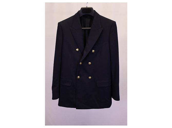 Céline Blazer Celine con petto foderato in lana blu navy - vista 4