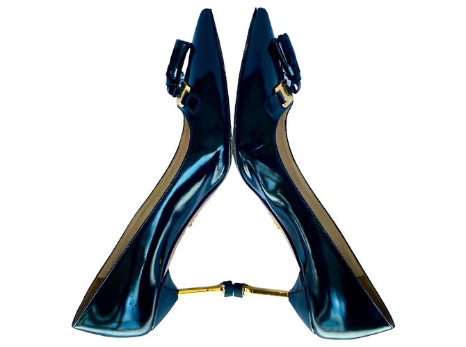 Décolleté Prada in pelle lucida nera con nappina e tacco dorato Nero - vista 5