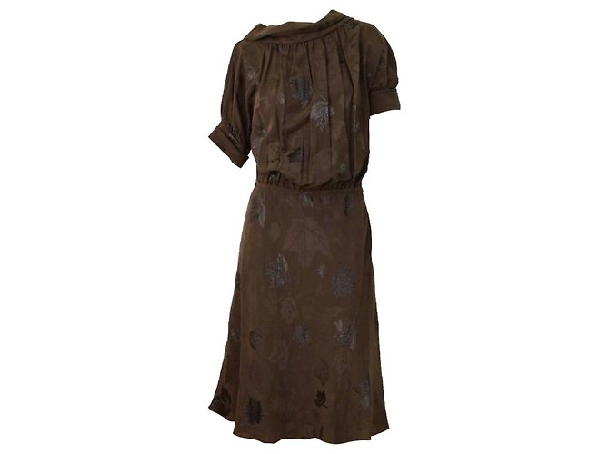 Dsquared2 Braunes Devore Seidenkleid mit Blattmuster und Logo - Ansicht 5