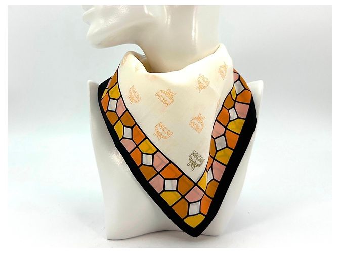 MCM Bandana Tuch Damen Schal Baumwolle Orange Apricot Peach Weiß Logo Print - Ansicht 2