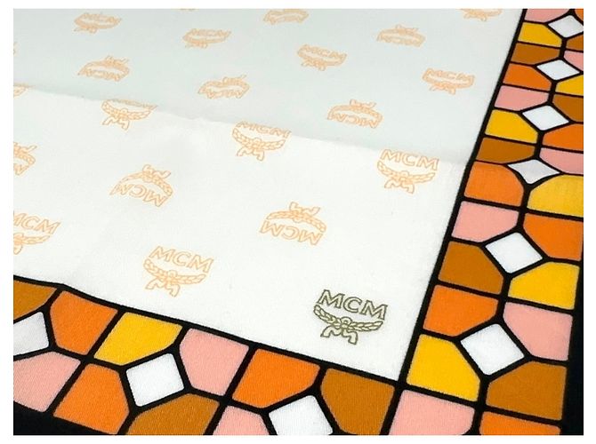 MCM Bandana Tuch Damen Schal Baumwolle Orange Apricot Peach Weiß Logo Print - Ansicht 3