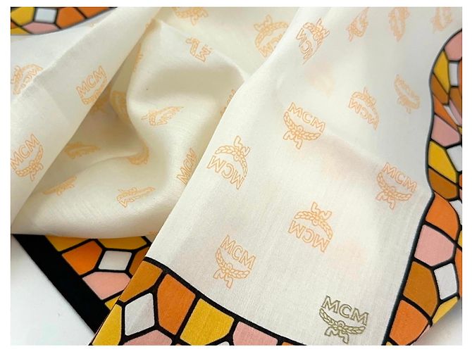 MCM Bandana Tuch Damen Schal Baumwolle Orange Apricot Peach Weiß Logo Print - Ansicht 4