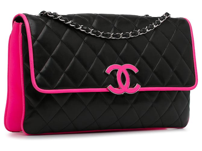 Chanel Divine Flap, große Lammledertasche, Schwarz Pink - Ansicht 2